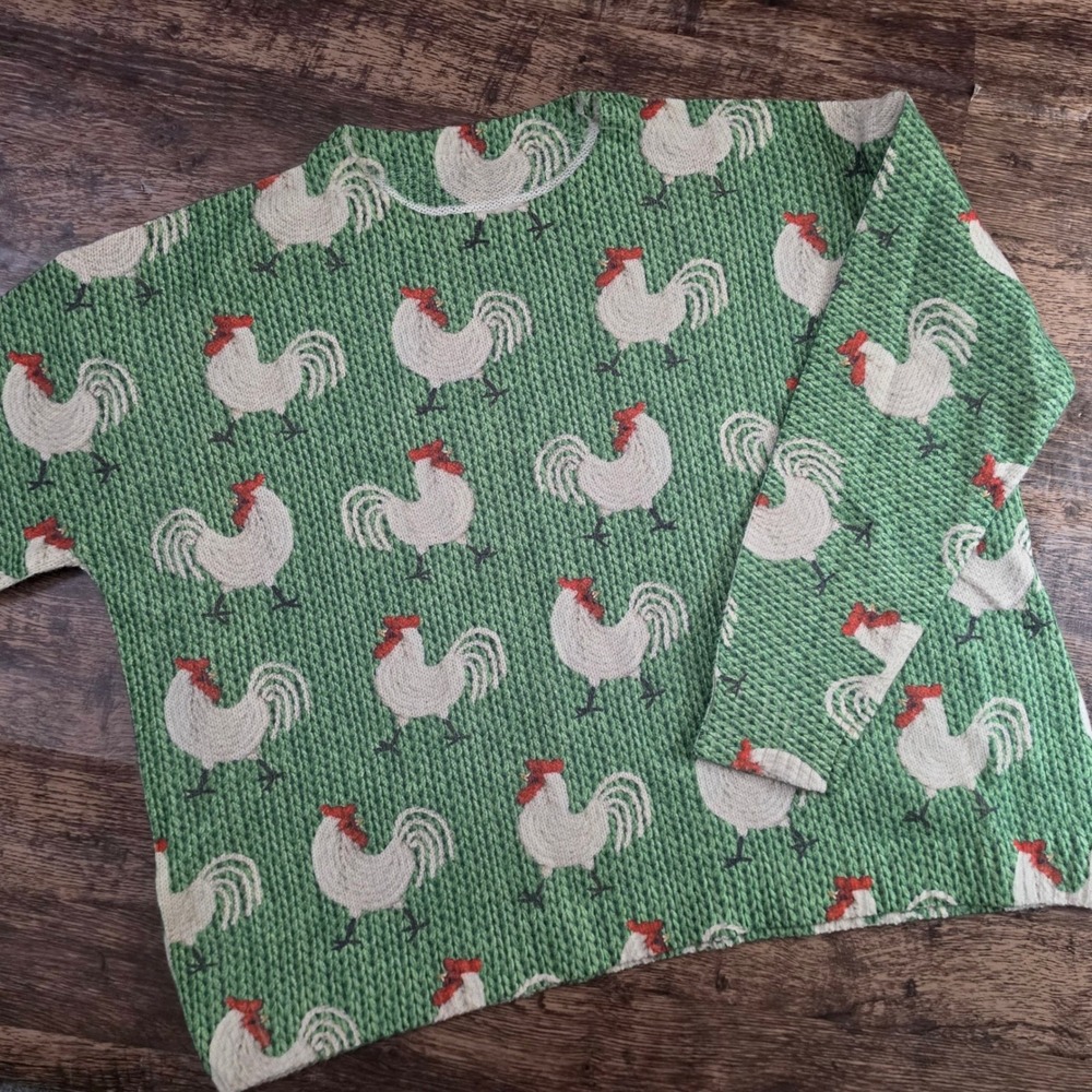 UNBRANDED Rooster Knit Sweater Womens Medium Green Farmhouse Cottagecore Animal
